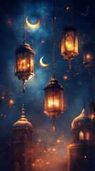 Obraz premium Glowing lanterns hanging against a night sky with crescent moons and domes.