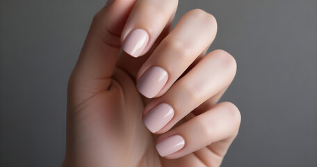 a close up of a manicured hand with soft pink nails. a minimalist shot highlighting glossy pink fingernails. a centered photograph of a hand with light skin and pale pink polish.