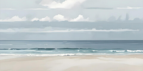 A serene beach scene with a calm ocean, sandy shore, and cloudy sky. The foreground features a sandy beach with soft, muted beige tones. Image is a digital painting depicting a serene seascape.
