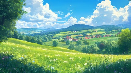 Obraz premium A picturesque village nestled within a lush green valley under a clear blue sky.