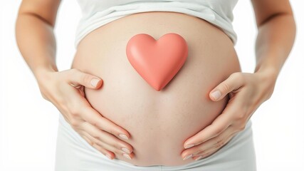 Pregnant woman in white outfit making heart shape with fingers on belly, caucasian, motherhood