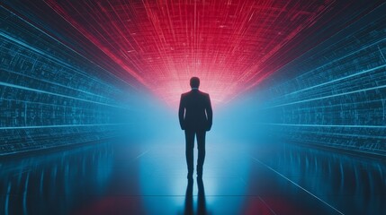 Man in tunnel of red and blue lights, a captivating visual contrast of color shadow