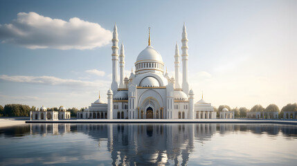 Naklejka premium Stunning Architectural Render of a White Mosque Reflecting on Water