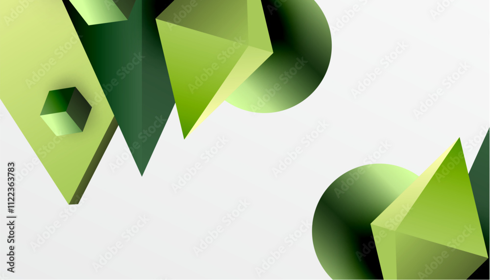 Poster abstract design showcasing isometric cubes, pyramids, squares, and spheres in a vibrant 3d layout. m