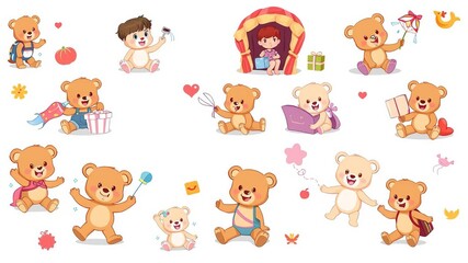 Fototapeta premium Set of 6 adorable teddy bear kids engaged in various activities, perfect for a cute teddy collection vector illustration, adorable, cartoon