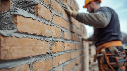 Fototapeta premium Rough texture of wet mortar as a worker aligns bricks in place, bricks forming a sturdy wall in background, Bricklayer at work, Building site