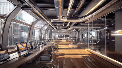 A futuristic office space with a lot of glass windows and a lot of technology