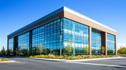 Obraz premium Modern Office Building with Glass Facade and Blue Sky