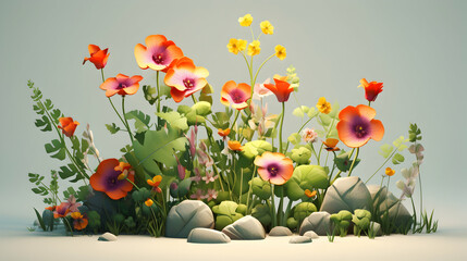 Vibrant Floral Arrangement with Rocks in a Pastel Background