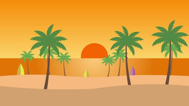 Beach parallax background animation, palm tree landscape animation, cartoon background animation, looping, flat footage, 4k.