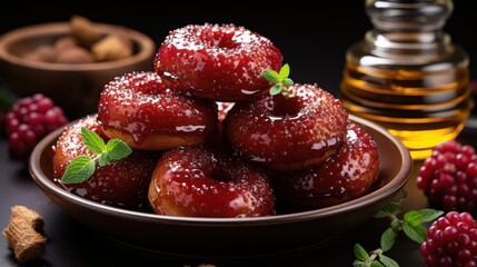 Fototapeta premium A stack of glazed donuts with sprinkles, a sprig of mint, and red berries on a dark background