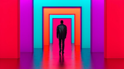 Obraz premium Man walking through colorful geometric passage