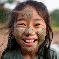 顔に泥を塗って遊んでる子供