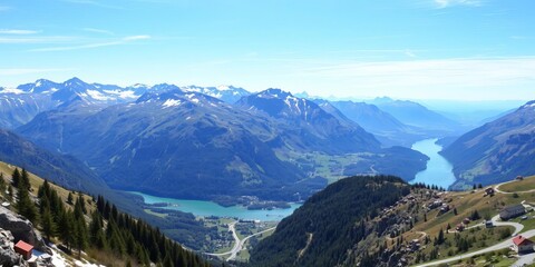 Obraz premium Snow-capped peaks of the Swiss Alps with winding rivers and lush green valleys below, alpine, landscape