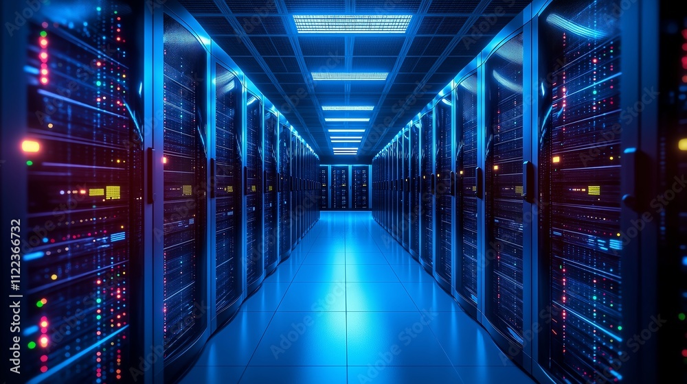 Poster a modern data center with rows of servers illuminated by blue lighting. this high-tech environment s