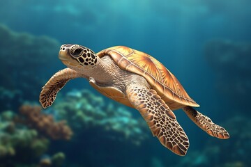 Fototapeta premium Endangered Hawksbill Turtle Swimming Over Vibrant Coral Reef Underwater
