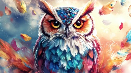 Obraz premium Vibrant owl displaying colorful feathers nature scene digital art fantasy environment close-up view