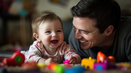Obraz premium Father and baby share joyful moment playing with colorful toys at home during the afternoon