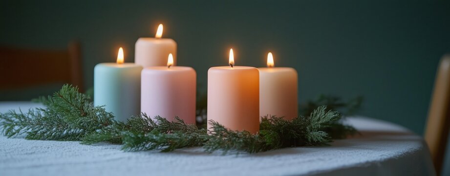   Holiday them centerpiece featuring pastel cancle and green leaves