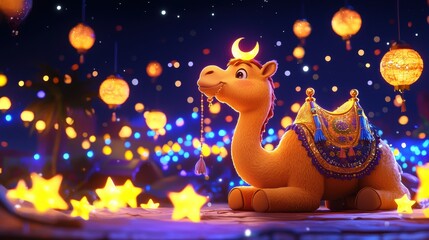 Festive camel decorated with lanterns under starry sky night scene whimsical animation
