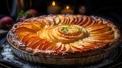 A golden, glistening apple tart with a flaky crust and a decorative sprig of parsley