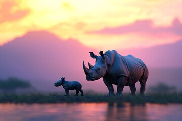 Obraz premium Touching Moment Black Rhino Mother and Calf Silhouetted at Colorful African Sunset