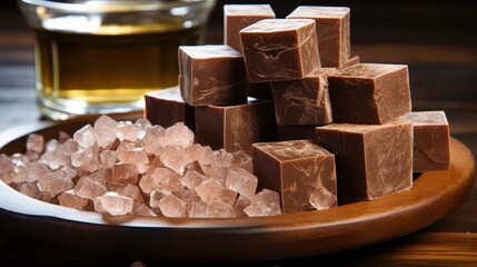 A wooden bowl filled with rich, dark chocolate squares and sparkling crystals of salt, a decadent treat for the senses.