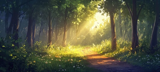 Obraz premium Sunlit Forest Path: A Digital Painting of Tranquil Nature