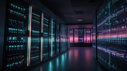 Illuminated Server Room Corridor Modern Data Center Technology