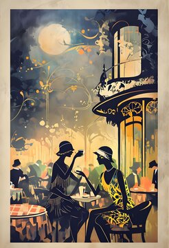 An enchanting Art Deco caf&eacute; scene, illuminated by moonlight, where flappers in elegant attire sip and converse amidst golden hues.
