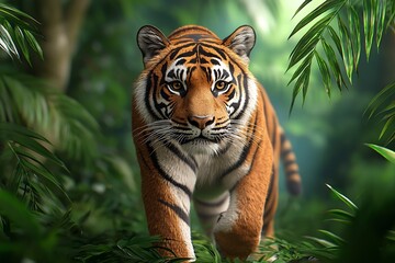 Fototapeta premium Majestic Sumatran Tiger Stalking Through Lush Rainforest Habitat