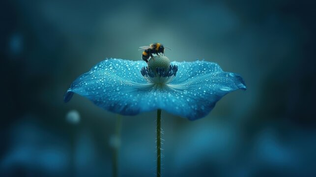 Bee pollinating blue flower in nature close-up photography soft focus environment
