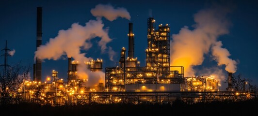 Fototapeta premium Night View of Illuminated Petrochemical Refinery with Smoke Stacks