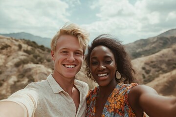 Obraz premium Joyful interracial couple takes a selfie in a mountain landscape on a sunny day