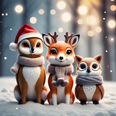 Obraz premium Christmas with cute woodland animals, Christmas wallpaper with beautiful bokeh, Christmas wallpaper, Christmas background