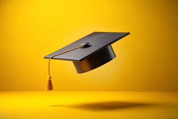 Elegant Black Graduation Cap Floating on Bright Yellow Background - Perfect for Academic Achievement Themes and Celebratory Events in Education Sector