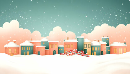Snowy village landscape with pastel houses and presents at night.