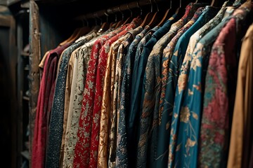 Obraz premium Rack vintage garments displayed in a vibrant flea market setting