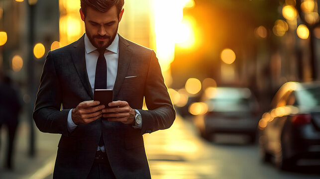 Man Checks Phone During Golden Hour Commute