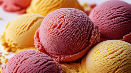 Fototapeta premium Close-up of scoops of pink and yellow ice cream.