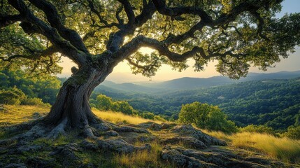 Fototapeta premium [Nature Retreats wildlife preserve landscape] Serene Landscape with Majestic Tree and Rolling Hills under Clear Blue Sky