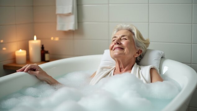 Elderly Woman with Closed Eyes Relaxing in a Foam Bath in a Serene Spa Ambiance featuring Candles