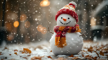 Fototapeta premium A snowman with a red hat and scarf stands in the snow. The snowman is smiling and he is happy. The scene is set in a winter landscape, with the snow covering the ground and trees in the background