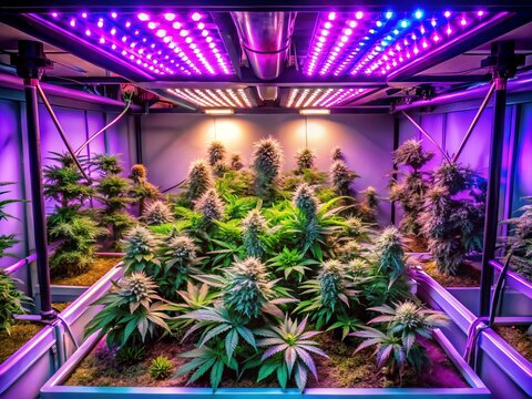 Indoor Cannabis Plant Growing in a Grow Box Illuminated by Purple LED Light - A Top View Perspective of Hydroponic Cultivation for Urban Exploration Photography