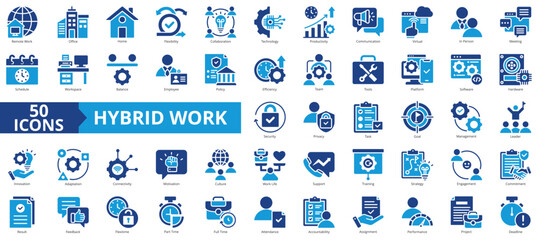 Hybrid work icon collection set. Containing remote work, office, home, flexibility, collaboration, technology, productivity, communication icon. Simple flat vector illustration.