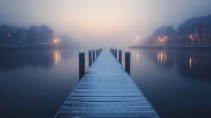 Snowy pier extending into foggy harbor at dawn.