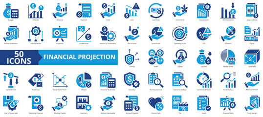 Financial projection icon collection set. Containing budget, forecast, revenue, expense, profit, loss, cashflow, investment, depreciation icon. Simple flat vector illustration.