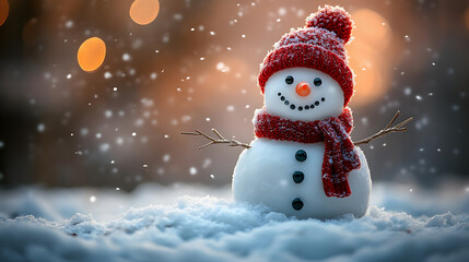 Obraz premium A snowman with a red hat and scarf stands in the snow. The snowman is smiling and he is happy. The scene is set in a winter landscape, with the snow covering the ground and trees in the background