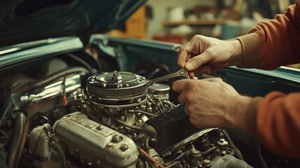Obraz premium Close-up of mechanic's hands repairing a vintage car engine.