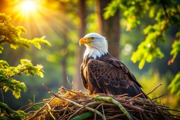 Fototapeta premium Majestic Female Bald Eagle Nesting with Chicks - Capturing Nature’s Beauty in Wildlife Photography